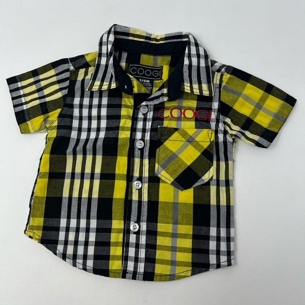 COOGI Baby Yellow‎ Plaid Button Up Short Sleeve Shirt Size 3-6 Months Logo Y2K